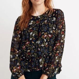 Madewell Sheer-Sleeve Ruffle Peplum Top in Finch Floral